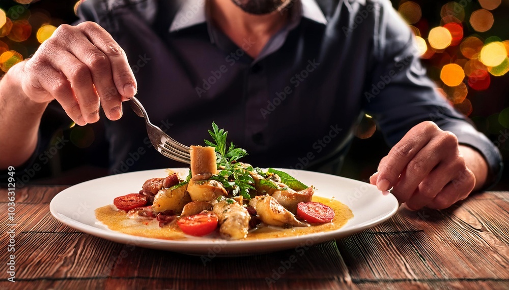 Faceless man eat Saltimbocca in restaurant with bokeh background. Italian Food.