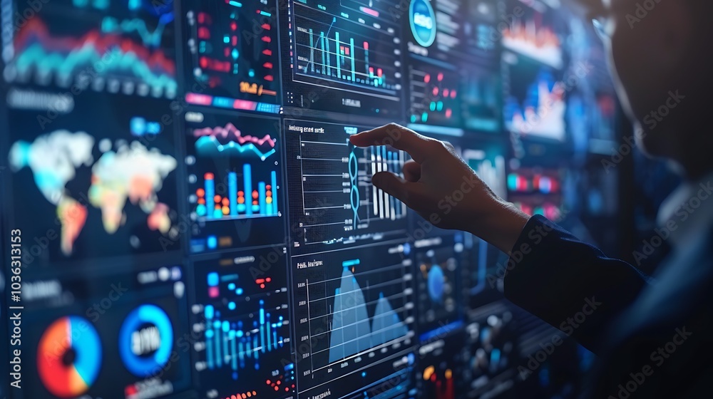 A person interacting with a digital dashboard displaying various data visualizations and analytics. A person interacting with a digital dashboard displaying various data visualizations and analytics.