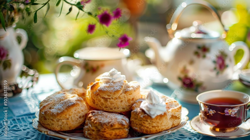 Elegant afternoon tea setup with scones, clotted cream, and tea pot Elegant afternoon tea setup with scones, clotted cream, and tea pot