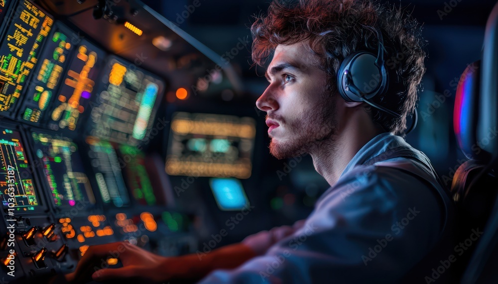 A young male in the control station diligently monitors air traffic. A young male in the control station diligently monitors air traffic.