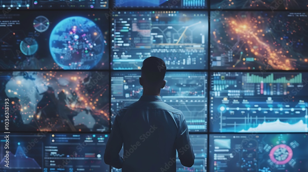 A person analyzing data on multiple digital screens displaying graphs and global information. A person analyzing data on multiple digital screens displaying graphs and global information.