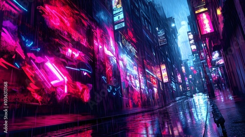 Graffiti artwork layered with neon lights and digital textures in a bold street scene