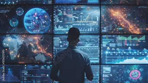 Wallpaper Mural A person analyzing data on multiple digital screens displaying graphs and global information. Torontodigital.ca