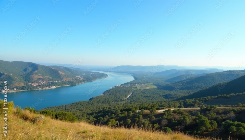 Epic view of a serene valley and river from a high vantage point Epic view of a serene valley and river from a high vantage point