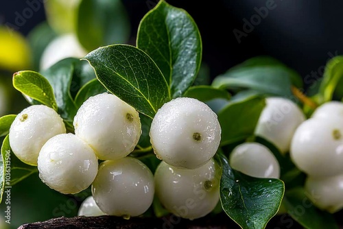 A close-up of Snowberry (Symphoricarpos) clusters, with white, waxy berries contrasting against dark green leaves photo