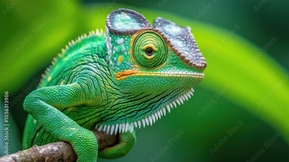Fototapeta premium A close-up of a vibrant green chameleon perched on a branch amidst lush foliage.