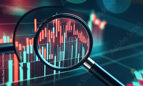 
A magnifying glass over an interactive graph displaying stock market trends, symbolizing the importance of historical trading data in day trading.