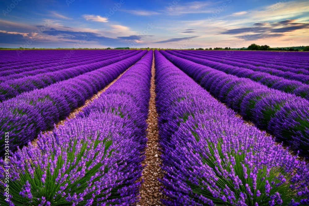 Fototapeta premium A field of Lavandula (Lavender) in full bloom, with rows of purple flowers stretching into the horizon under a bright blue sky