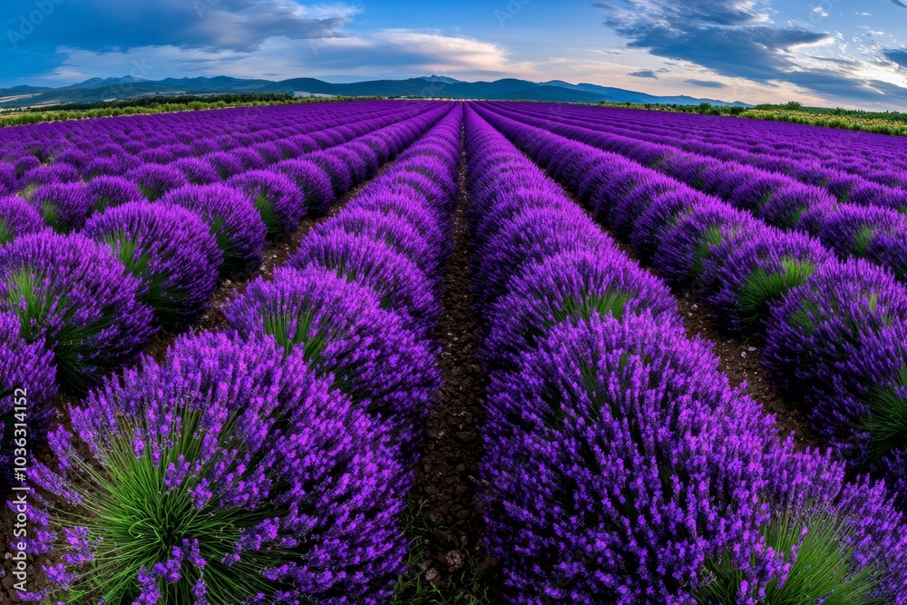 Obraz premium A field of Lavandula (Lavender) in full bloom, with rows of purple flowers stretching into the horizon under a bright blue sky