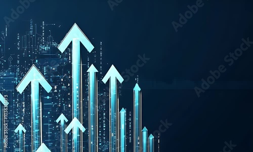 
Abstract background with glowing blue arrows pointing upwards, representing growth and success in the tech industry or business on a dark blue gradient background.