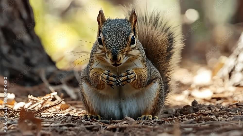 A squirrel sits on the forest floor, its bushy tail curled behind it A squirrel sits on the forest floor, its bushy tail curled behind it