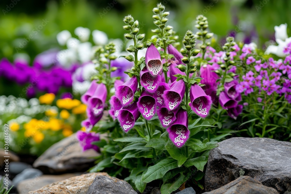 Obraz premium A garden bed filled with a mix of Foxglove and wildflowers, creating a colorful, natural setting