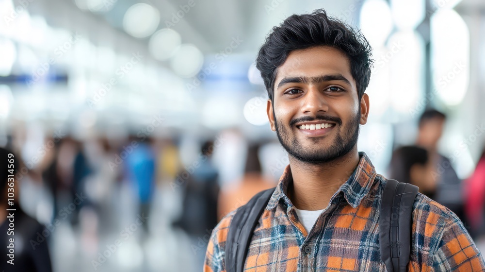 Lively airport terminal backdrop for a portrait of a smiling young Indian man in casual wear. Lively airport terminal backdrop for a portrait of a smiling young Indian man in casual wear.