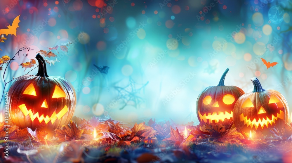 Fototapeta premium Glowing jack-o-lantern pumpkins for Halloween