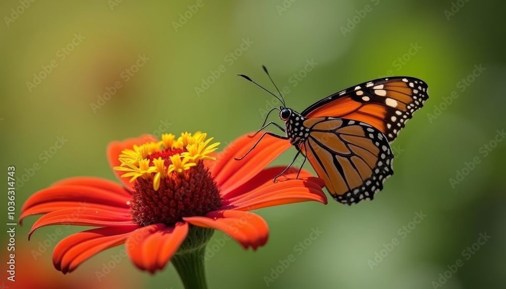 Butterflys delicate dance with vibrant bloom Butterflys delicate dance with vibrant bloom