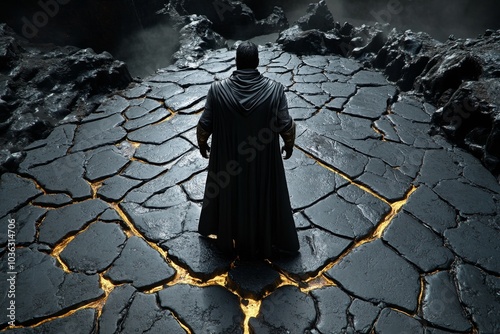 A gothic figure standing at a moral crossroads in a dark, shadowy world, torn between virtues like courage and integrity against darker temptations
