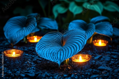 A gothic garden with dark, shadowy Hosta plants, their large leaves catching the light of flickering candles photo