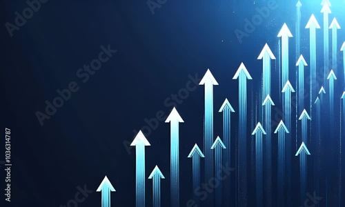 
Abstract background with glowing blue arrows pointing upwards, representing growth and success in the tech industry or business on a dark blue gradient background.