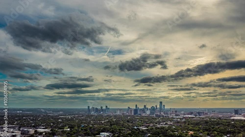 4K+ Aerial cloudscape time-lapse over Mueller in Austin during sunset