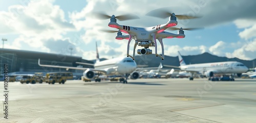 Camera-equipped drone operates near airport planes, underscoring flight restrictions. photo