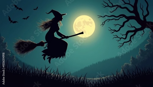  Midnight flight of the witch under the full moon photo