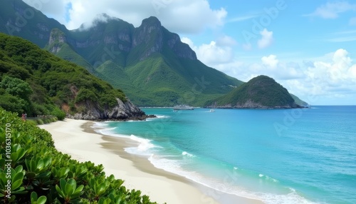  Tranquil tropical beach with clear turquoise waters and lush green mountains