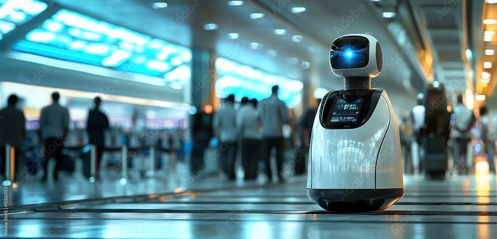 Automated robot checks passengers for prohibited items at an airport. Automated robot checks passengers for prohibited items at an airport.