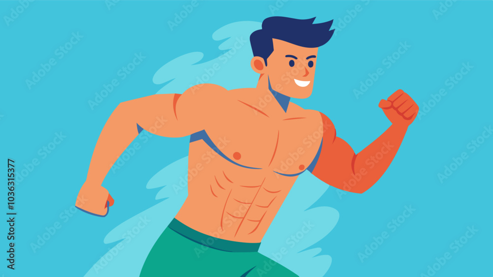 The man confidently runs a hand over his increasingly defined abdomen proud of the lean muscle mass he has gained from consistent and balanced workouts.. Vector illustration The man confidently runs a hand over his increasingly defined abdomen proud of the lean muscle mass he has gained from consistent and balanced workouts.. Vector illustration