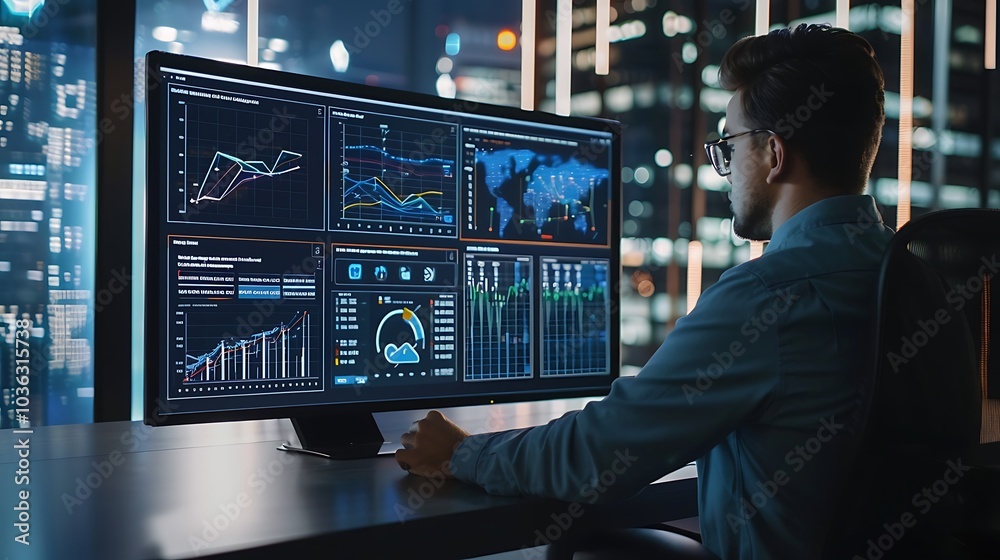 A person analyzing data on a large monitor in a modern office setting. A person analyzing data on a large monitor in a modern office setting.