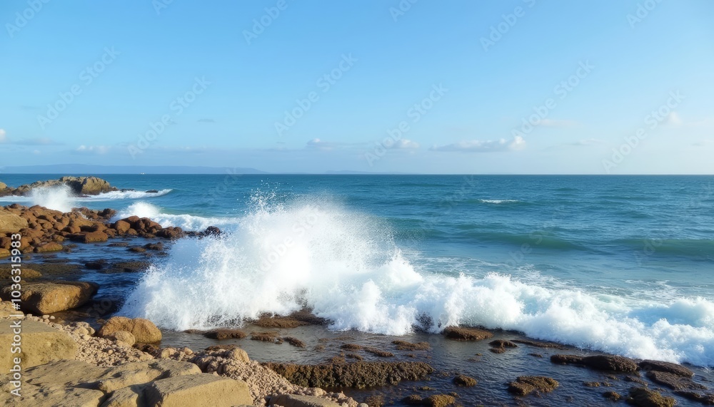 Powerful waves crashing against rugged rocks under a clear sky Powerful waves crashing against rugged rocks under a clear sky