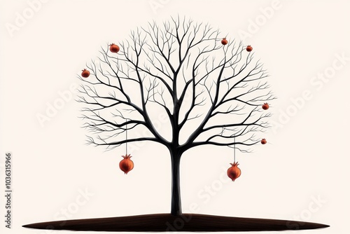 A minimalist sketch of a Socotran Pomegranate tree, with bare branches and a few hanging fruits drawn in delicate lines photo