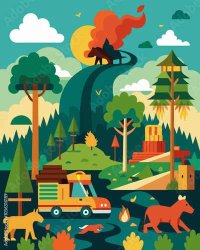 Illegal logging practices in a protected national park destroying rare and valuable tree species and disrupting the habitat of endangered animals.. Vector illustration