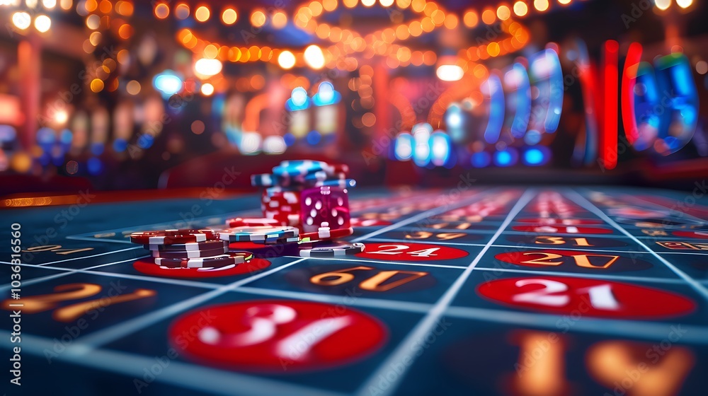 Obraz premium A vibrant roulette table with chips and dice in a lively casino setting.