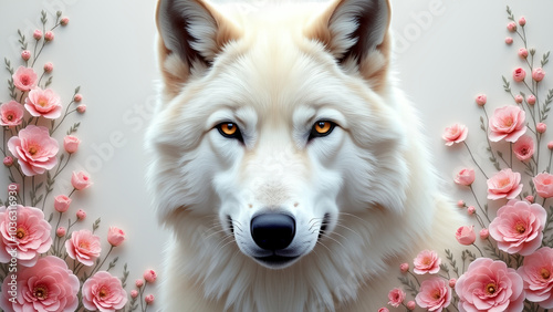 a majestic white wolf in intricate encaustic wax medium decorate with tiny delicate pink shabby chic flowers adding a touch of elegance to the encaustic paper canvas photo