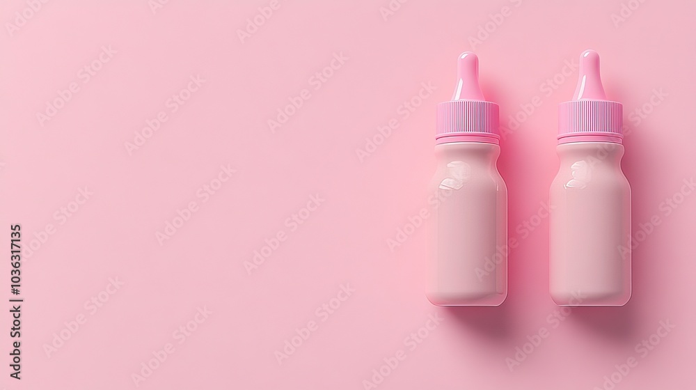 Two pink baby bottles on a soft pink background. Two pink baby bottles on a soft pink background.