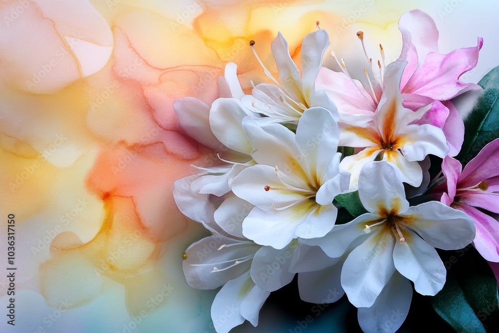 Fototapeta premium A soft watercolor painting of Honeysuckle flowers, with delicate shades of white, pink, and yellow blending into the background