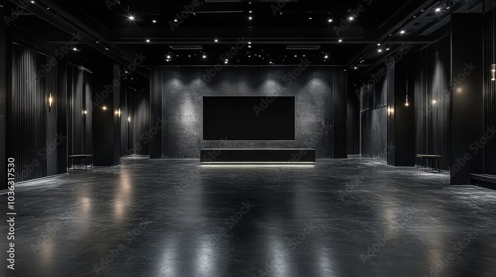 Minimalist black matte showroom interior, spacious and perfect for showcasing modern products and exhibitions. Smooth dark matte design creates an elegant and professional atmosphere Minimalist black matte showroom interior, spacious and perfect for showcasing modern products and exhibitions. Smooth dark matte design creates an elegant and professional atmosphere