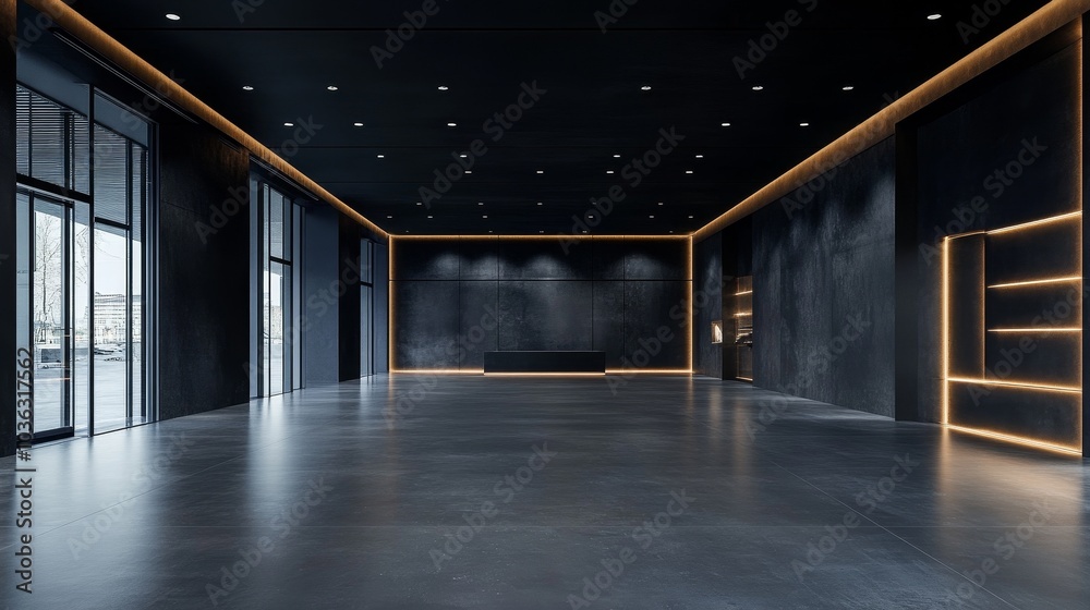Minimalist black matte showroom interior, spacious and perfect for showcasing modern products and exhibitions. Smooth dark matte design creates an elegant and professional atmosphere Minimalist black matte showroom interior, spacious and perfect for showcasing modern products and exhibitions. Smooth dark matte design creates an elegant and professional atmosphere