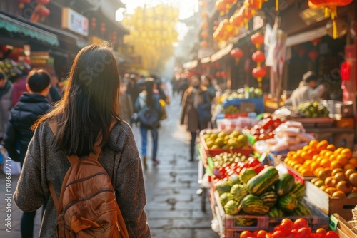 Asian women travel lifestyle, China food market street in Beijing. Chinese tourists walking in city streets on Asia vacation tourism, panoramic banner. MZ
