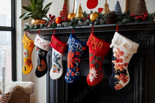 A warm, festive living room with stockings from various cultures hanging on the mantel, each one uniquely decorated photo