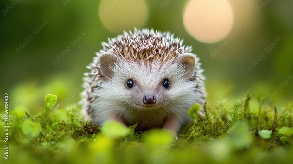 A cute hedgehog on moss, surrounded by a soft, blurred green background. A cute hedgehog on moss, surrounded by a soft, blurred green background.
