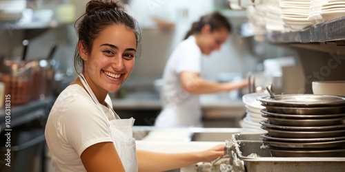 Smiling female dishwasher working diligently in a bustling restaurant kitchen, contributing to the fast-paced culinary environment. Surrounded by the energy of a busy kitchen staff, she embodies the d