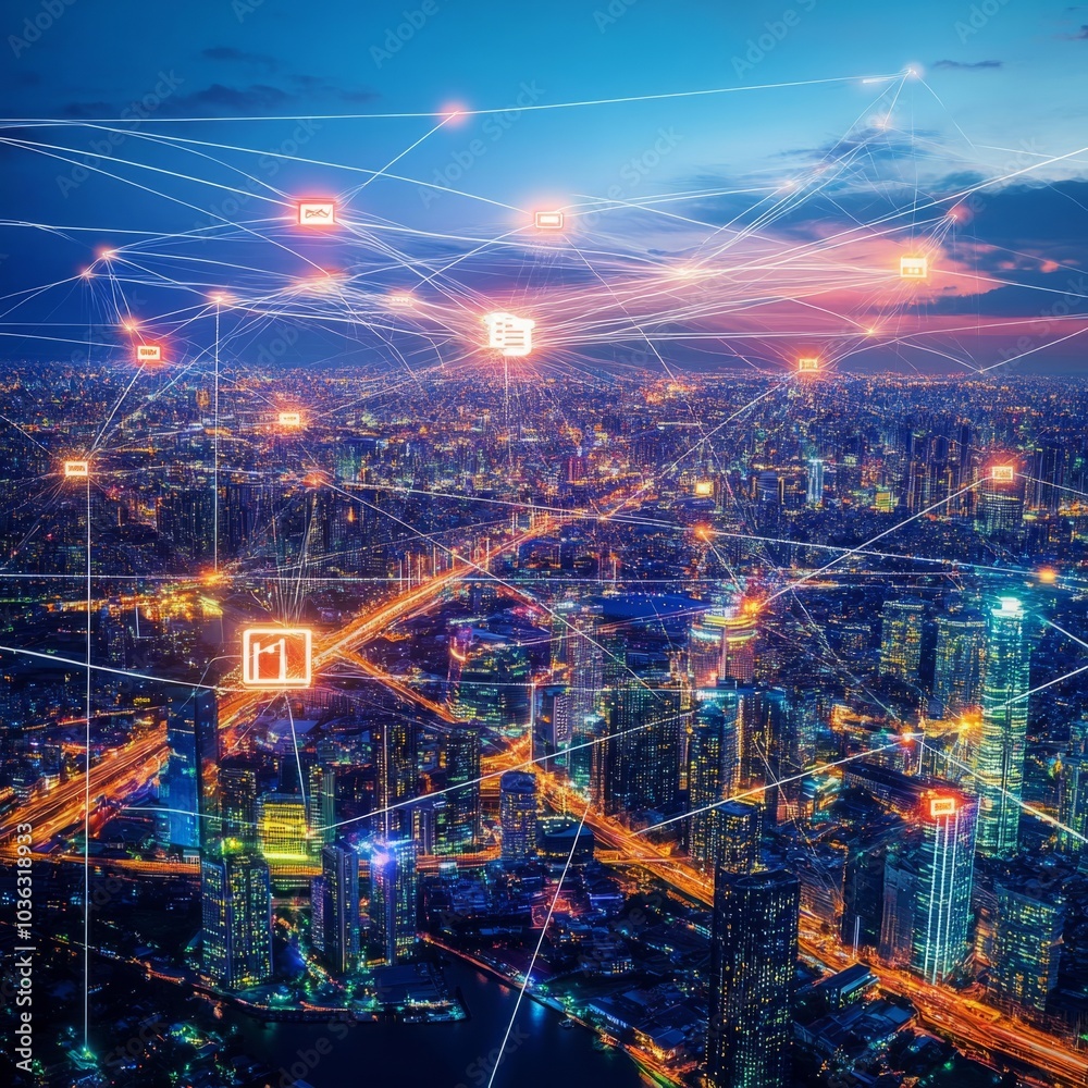 Obraz premium The modern creative communication network seamlessly connecting the smart city, representing the future of 5G wireless digital connections and the Internet of Things (IoT). This concept highlights the