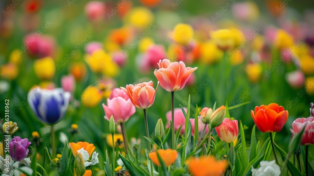 Flower field, vibrant colors and lively spring atmosphere Flower field, vibrant colors and lively spring atmosphere