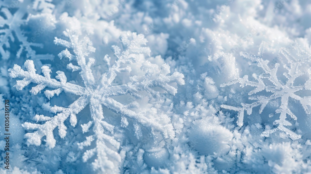 Fresh snow surface with unique snowflake designs and textures Fresh snow surface with unique snowflake designs and textures