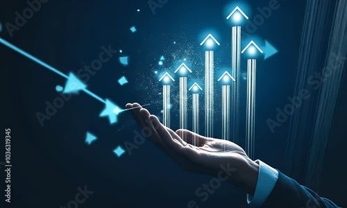 
Businessman's hand holding a growth graph chart and an arrow pointing up, set against a digital technology background, representing a business plan