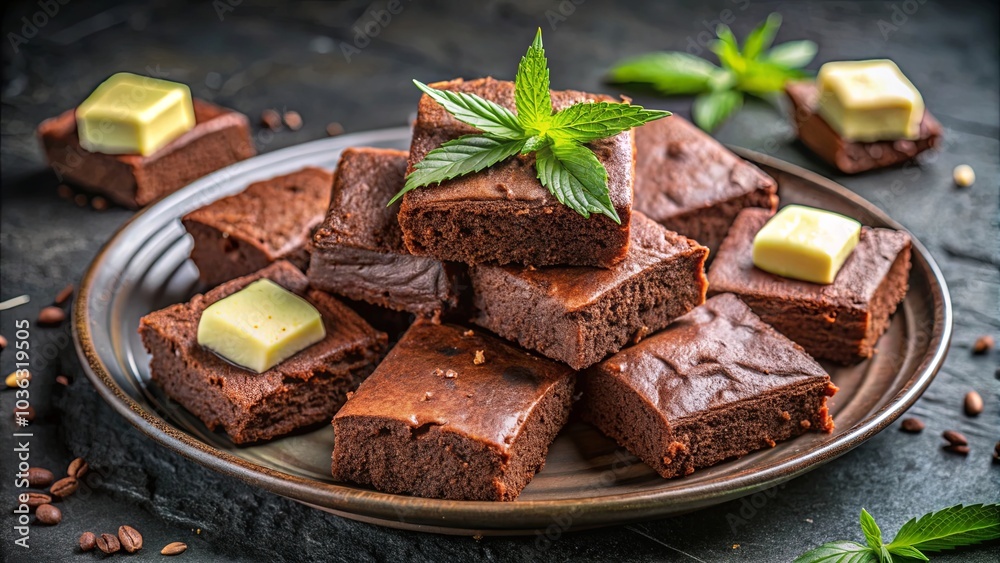 A plate of decadent chocolate squares topped with a hint of vanilla and a sprig of green foliage. A plate of decadent chocolate squares topped with a hint of vanilla and a sprig of green foliage.