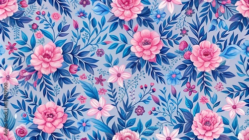 A vibrant and intricate floral pattern featuring delicate pink flowers and vibrant blue leaves against a soft gray backdrop, showcasing a harmonious interplay of colors and organic forms.
