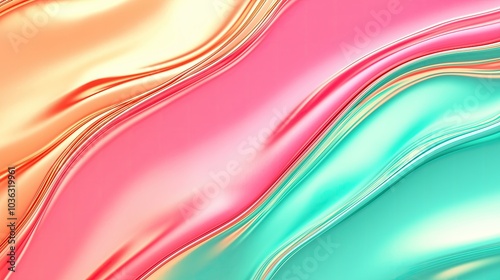 Abstract wave patterns featuring vibrant shades of pink, orange, and turquoise creating a fluid visual experience with smooth lines and glossy effects, evoking a sense of tranquility and modernity