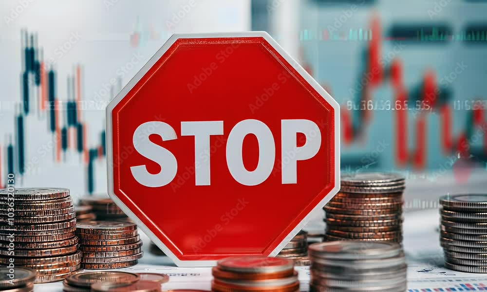 
A red stop sign with the word STOP is depicted, with objects such as stacks of coins and stock charts